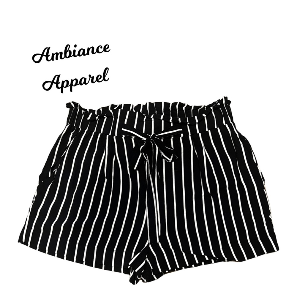 Ambiance  Black and White Striped Elastic Waist with Tie Shorts & Pockets Medium